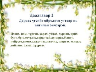 Даалгавар 2
     Дараах үгсийг ойролцоо утгаар нь
             ангилан бичээрэй.

Ихэнх, цөм, түргэн, харах, унтах, хурдан, ярих,
булт, бүгд,өгүүлэх,яаралтай,дугжрах,бушуу,
нойрсох,олонх,хажуулах,чалчих, ширтэх, мэлрэх
дийлэнх, хэлэх, хүүрнэх
 