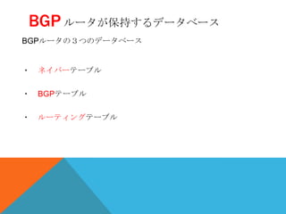 BGP ルータが保持するデータベース
BGPルータの３つのデータベース


・ ネイバーテーブル

・ BGPテーブル

・ ルーティングテーブル
 