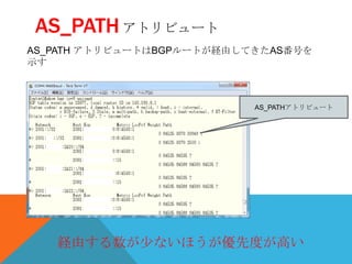AS_PATH アトリビュート
AS_PATH アトリビュートはBGPルートが経由してきたAS番号を
示す



                           AS_PATHアトリビュート




   経由する数が少ないほうが優先度が高い
 