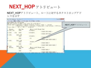 NEXT_HOP アトリビュート
NEXT_HOPアトリビュート、ルートに対するネクストホップアド
レスを示す


                        NEXT_HOPアトリビュート
 