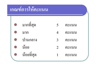 เกณฑการใหคะแนน
เกณฑการใหคะแนน

    มากที่สุด     5   คะแนน
    มาก           4   คะแนน
    ปานกลาง       3   คะแนน
    นอย          2   คะแนน
    นอยที่สุด    1   คะแนน
 