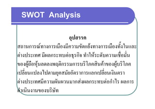 SWOT Analysis

                        อุปสรรค
สถานการณทางการเมืองมีความขัดแยงทางการเมืองทั้งในและ
ตางประเทศ มผลกระทบตอธุรกจ ทาใหระดบความเชอมน
ตางประเทศ มีผลกระทบตอธรกิจ ทําใหระดับความเชื่อมั่น
ของผูถือหุนลดลงพฤติกรรมการบริโภคสินคาของผูบริโภค
       ู ุ        ฤ                        ู
เปลี่ยนแปลงไปตามยุคสมัยอัตราการแลกเปลี่ยนเงินตรา
ตางประเทศมีีความผันผวนมากสงผลกระทบตอกําไร ผลการ
     ป               ั                   ํไ
ดาเนนงานของบรษท
ดําเนินงานของบริษทั
 