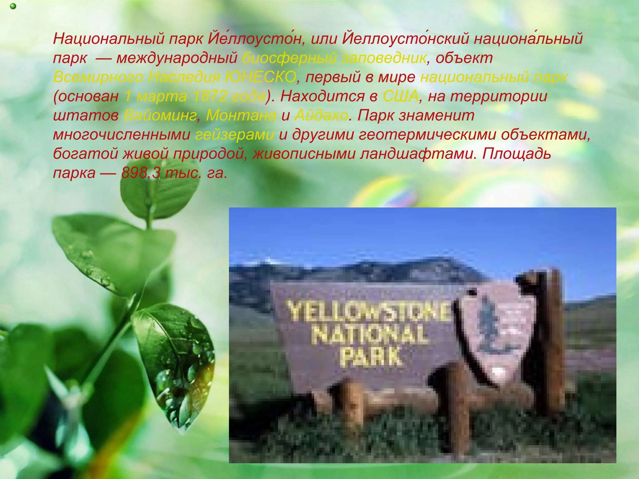 Национальный парк Йе́ллоусто́н, или Йеллоусто́нский национа́льный
парк — международный биосферный заповедник, объект
Всемирного Наследия ЮНЕСКО, первый в мире национальный парк
(основан 1 марта 1872 года). Находится в США, на территории
штатов Вайоминг, Монтана и Айдахо. Парк знаменит
многочисленными гейзерами и другими геотермическими объектами,
богатой живой природой, живописными ландшафтами. Площадь
парка — 898,3 тыс. га.