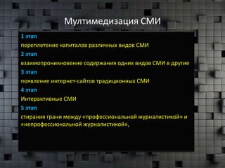 Мултимедизация СМИ
1 этап
переплетение капиталов различных видов СМИ
2 этап
взаимопроникновение содержания одних видов СМИ в другие
3 этап
появление интернет-сайтов традиционных СМИ
4 этап
Интерактивные СМИ
5 этап
стирания грани между «профессиональной журналистикой» и
«непрофессиональной журналистикой»,
 