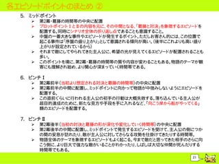 各エピソードポイントのまとめ ②
  5. ミッドポイント
        第２幕・葛藤の時間帯の中央に配置
        プロットポイントⅠとⅡの内容を元に、その中間となる、「葛藤と対決」を象徴するエピソードを
         配置する。同時にシナリオ全体の折り返し点であることも意識すること。
        中盤の一番大きな事件やエピソードが発生するポイント。ただしお客さん的には、この位置で
         起こる事件は「序盤の盛り上がり」として意識される傾向が高い。（後半にこれよりも高い盛り
         上がりが設定されているから）
        それまで敵にしてやられてきた主人公に、希望の光が見えてくるエピソードが配置されることも
         多い。
        このポイントを境に、第２幕・葛藤の時間帯の質や内容が変わることもある。物語のテーマが観
         客にも理解され始め、より関心が深まっていく時間帯である。

  6. ピンチⅠ
        第２幕前半（当初より想定される対決と葛藤の時間帯）の中央に配置
        第２幕前半の中間に配置し、ミッドポイントに向かって物語が中弛みしないようにエピソードを
         配置する。
        この直前ぐらいに行われる主人公の初手の行動は大概失敗する。落ち込んでいる主人公が
         超目的達成のために、新たな見方や手段を手に入れるなど、「向こう岸から船がやってくる」
         類のエピソードを配置する。

  7. ピンチⅡ
        第２幕後半（当初の対決と葛藤の形が深化や変化していく時間帯）の中央に配置
        第２幕後半の中間に配置し、ミッドポイントで発生するエピソードを受けて、主人公の側につか
         の間の安息が訪れたり、敵が主人公に対してさらなる攻勢を仕掛けてきたりする時間帯。
        物語全体のテーマを象徴するエピソードもよく起こる。今まで敵だと思ってきた相手のさらに向
         こう側に、より巨大で強力な敵がいることがわかったり、しばしば大切な仲間が死んだりする
         時間帯でもある。
                                                  21
 