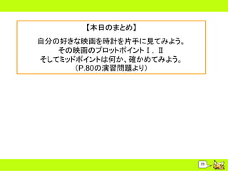 【本日のまとめ】
自分の好きな映画を時計を片手に見てみよう。
   その映画のプロットポイントⅠ，Ⅱ
そしてミッドポイントは何か、確かめてみよう。
      （P.80の演習問題より）




                         23
 