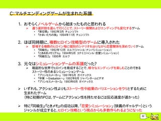 Ｃ：マルチエンディングゲームが生まれた系譜

  1. おそらくノベルゲームから始まったものと思われる
       違う選択肢を選んで行くことで、ストーリー展開およびエンディングも変化するゲーム
        &bull;   『弟切草』 1992年3月 チュンソフト
        &bull;   『かまいたちの夜』 1994年11月 チュンソフト

  2. ほぼ同時期に、複数ヒロイン攻略型のゲームに導入された
       登場する複数のヒロイン毎に個別のシナリオを辿りながら恋愛関係を深めていくゲーム
        &bull;   『同級生』 1992年12月 エルフ（ジャンル：ナンパシミュレーション）
        &bull;   『ときめきメモリアル』 1994年5月 コナミ（ジャンル：恋愛シミュレーション）
        &bull;   『同級生2』 1995年 エルフ

  3. 元々はシミュレーションゲームの系譜だった？
       箱庭的な世界でヒロインを育成することで、様々なエンディングを楽しむことのできる
        ストーリー性のあるシミュレーションゲーム
        &bull;   『プリンセスメーカー』 1991年5月 ガイナックス
        &bull;   『卒業 ～Graduation～』 1992年6月 ジャパンホームビデオ
        &bull;   『プリンセスメーカー2』 1993年6月 ガイナックス

   いずれも、アクション性よりもストーリー性や結果のバリエーションをウリとするために
    生まれたゲーム
    （特に初期のPCは、ゲームにアクション性を持たせるには反応速度が遅かった）

   特に『同級生』『ときメモ』の成功以降、「恋愛シミュレーション」（狭義のギャルゲー）という
    ジャンルが成立すると、ヒロイン攻略という視点からも多数作られるようになった
                                                       32
 