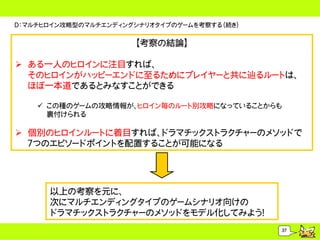 Ｄ：マルチヒロイン攻略型のマルチエンディングシナリオタイプのゲームを考察する（続き）


                      【考察の結論】

 ある一人のヒロインに注目すれば、
  そのヒロインがハッピーエンドに至るためにプレイヤーと共に辿るルートは、
  ほぼ一本道であるとみなすことができる

     この種のゲームの攻略情報が、ヒロイン毎のルート別攻略になっていることからも
      裏付けられる

 個別のヒロインルートに着目すれば、ドラマチックストラクチャーのメソッドで
  ７つのエピソードポイントを配置することが可能になる




      以上の考察を元に、
      次にマルチエンディングタイプのゲームシナリオ向けの
      ドラマチックストラクチャーのメソッドをモデル化してみよう！
                                             37
 