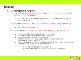 【執筆編】
 5. シナリオ構成表を作成する
   i.     全体ラフプロットを元に、各ルート別プロットで配置したエピソードポイントを、ゲーム進行用
          のタイムテーブル上に再配置する

             各ルート別プロットをシナリオ構成表に組み直すことで、プレイヤーが実際に目のあたりにするゲーム
              のシナリオ構成となる

   ii.    多くの場合、タイムテーブルの１マスが、シナリオテキストの１ファイルに対応する形式になる

             ここで正式なファイル名も決めておく

   iii.   シナリオ構成表には、シナリオテキスト作成に必要な情報をすべて書き込んでおくこと

             そのファイル内で書かれるべき内容に関してのざっくりとした説明
             フラグの発生と参照、条件判定等の情報、発生するアイテム等
             そのファイルから分岐する先（ジャンプ先）のファイル名
             具体的なテキストはないが、システム上必要となるファイルなども入れておくとよい
              （分岐先を整理しただけのファイルとか）
             各ルートが複雑に結節したり、分岐したりする構成になる場合、各々のルートを辿ってきた時にどのよ
              うな情報がプレイヤーの手元にあるか、きちんと整理しておくこと

                 プレイヤーが持っている情報を、アイテムに体化する
                  &rarr;プレイヤーが情報を得るタイミングとアイテムゲットのタイミングを合わせる




                                                          45
 