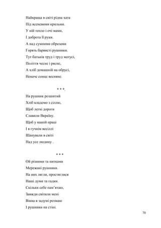 Найкраща в світі рідна хата
Під ясеневими крильми.
У ній тепло і очі мами,
І доброта її руки.
А над сумними образами
Горять барвисті рушники.
Тут батьків труд і труд матусі,
Поліття чесне і рясне,
А хліб домашній на обрусі,
Неначе сонце весняне.


                      * * *.
На рушник розшитий
Хліб кладемо з сіллю,
Щоб легкі дороги
Славили Вкраїну.
Щоб у нашій праці
І в гучнім весіллі
Шанували в світі
Над усе людину .


                     ***
Ой різними та нитками
Мережані рушники.
На них лягли, простяглися
Наші думи та гадки.
Скільки себе пам’ятаю,
Завжди світили мені
Вікна в задумі розмаю
І рушники на стіні.
                                  70
 