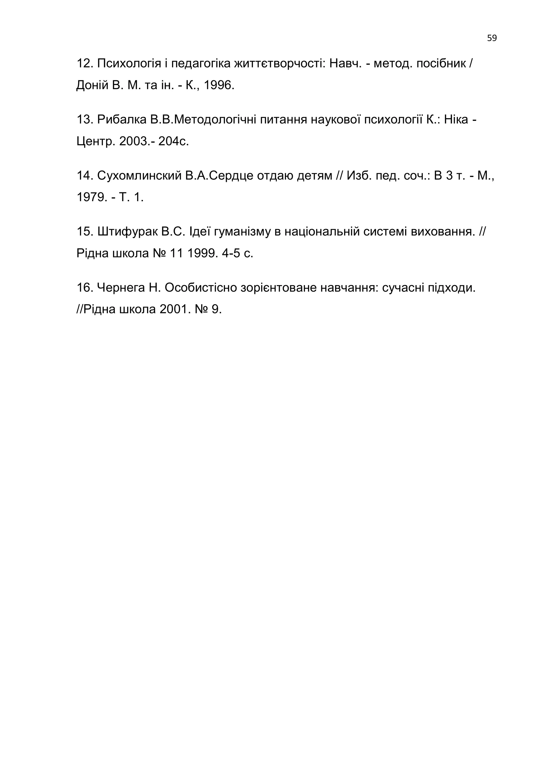 59

12. Психологія і педагогіка життєтворчості: Навч. - метод. посібник /
Доній В. М. та ін. - К., 1996.

13. Рибалка В.В.Методологічні питання наукової психології К.: Ніка -
Центр. 2003.- 204с.

14. Сухомлинский В.А.Сердце отдаю детям // Изб. пед. соч.: В 3 т. - М.,
1979. - Т. 1.

15. Штифурак В.С. Ідеї гуманізму в національній системі виховання. //
Рідна школа № 11 1999. 4-5 с.

16. Чернега Н. Особистісно зорієнтоване навчання: сучасні підходи.
//Рідна школа 2001. № 9.
 