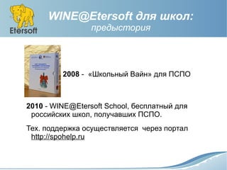 WINE@Etersoft для школ:
                 предыстория




         2008 - «Школьный Вайн» для ПСПО



2010 - WINE@Etersoft ...