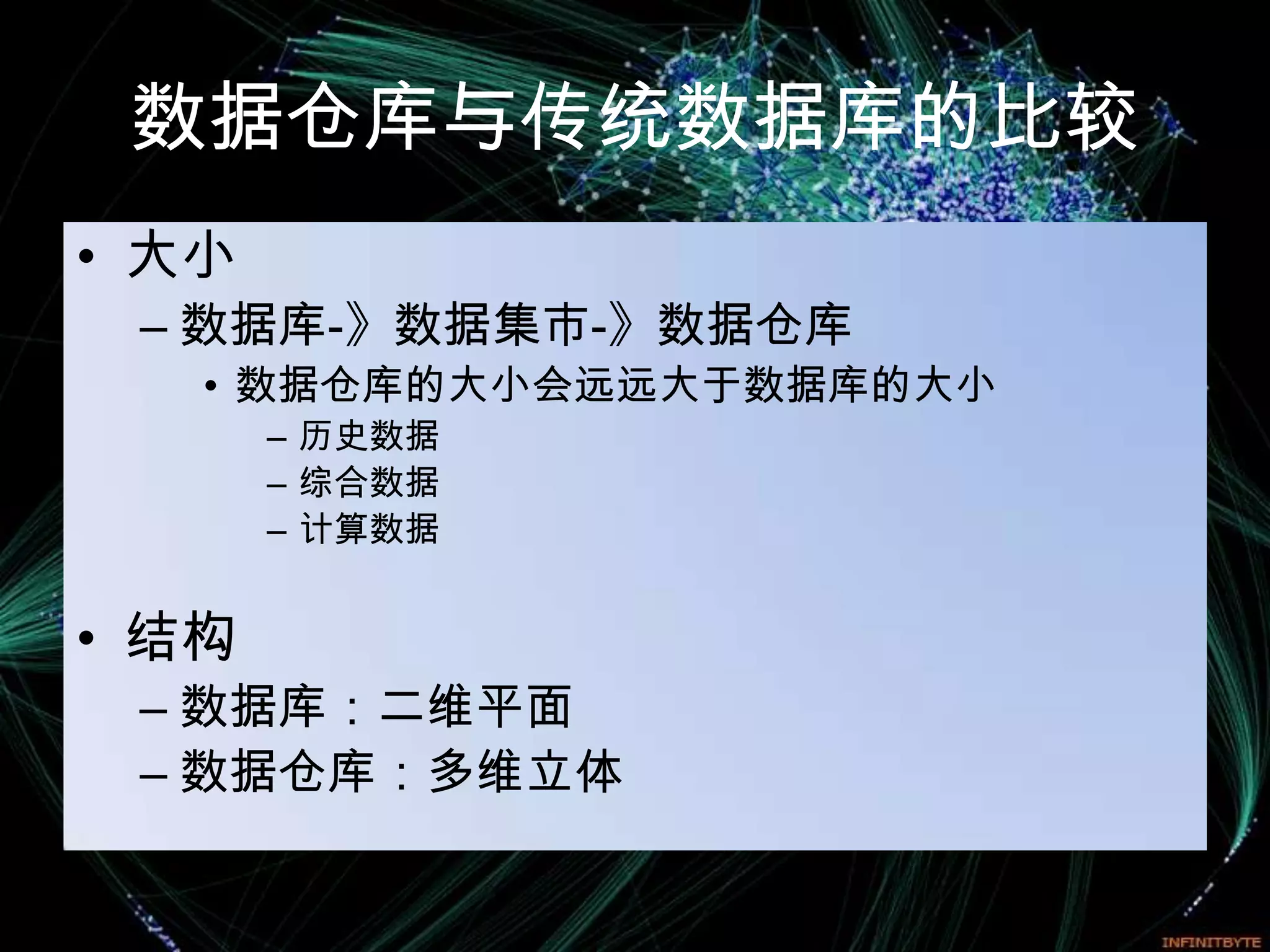 数据仓库与传统数据库的比较
• 大小
 – 数据库-》数据集市-》数据仓库
   • 数据仓库的大小会远远大于数据库的大小
       – 历史数据
       – 综合数据
       – 计算数据


• 结构
 – 数据库：二维平面
 – 数据仓库：多维立体
 