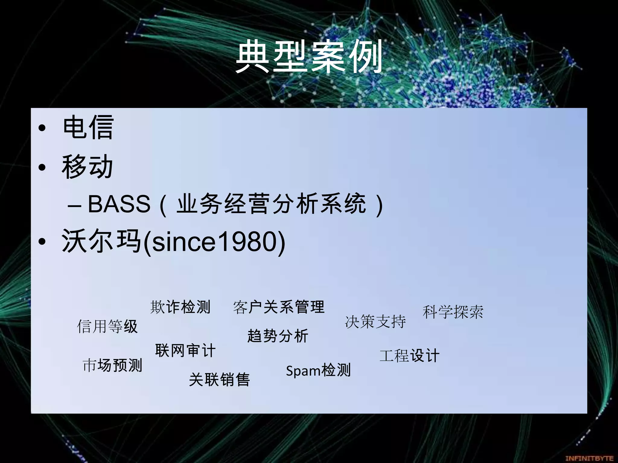 典型案例
• 电信
• 移动
 – BASS（业务经营分析系统）
• 沃尔玛(since1980)

         欺诈检测   客户关系管理          科学探索
  信用等级                   决策支持
                趋势分析
         联网审计               工程设计
  市场预测             Spam检测
           关联销售
 
