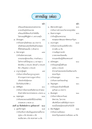  “√∫—≠ (µàÕ)
                                          Àπâ“                                            Àπâ“
           µ√— ·π–≈—°…≥– Õ∫ «πæ√–∏√√¡               Ú.  —ææ“ « —ß«√ Ÿµ√                   Úˆ
           Õ“ «–ªí®®ÿ∫—π°—∫Õπ“§µ                       («à“¥â«¬°“√ ”√«¡√–«—ßÕ“ «–∑ÿ°™π‘¥)
           µ√— ·π–¢âÕ‚µâµÕ∫°—∫‡®â“≈—∑∏‘Õ◊Ëπ         Û. ∏—¡¡∑“¬“∑ Ÿµ√                        Úˆ
           ‰¡à∑√ßÕπÿ¡—µ‘∑‘Ø∞‘µà“ß Ê ‡æ√“–‡Àµÿ‰√        («à“¥â«¬ºŸâ√—∫¡√¥°∏√√¡)
  ˜. ≈—°¢≥ Ÿµ√                                  Ò˘ˆ        æ√–æÿ∑∏¿“…‘µ·≈–¿“…‘µæ√– “√’∫ÿµ√
       («à“¥â«¬¡À“ªÿ√‘ ≈—°¢≥– ÛÚ ª√–°“√)            Ù. ¿¬‡¿√« Ÿµ√                           Ú˜
           ªÿ√‘ ≈—°…≥–·µà≈–¢âÕæ√âÕ¡¥â«¬‡Àµÿº≈          («à“¥â«¬§«“¡°≈—«·≈– ‘Ëß∑’Ëπà“°≈—«)
           ∑’Ë „Àâ‡°‘¥≈—°…≥–π—Èπ Ê (µ—«Õ¬à“ß)              §«“¡§‘¥ Òˆ ¢âÕ
   ¯.  ‘ß§“≈° Ÿµ√                               Ò˘˜        °“√‡º™‘≠§«“¡°≈—«
       («à“¥â«¬ ‘ß§“≈°¡“≥æ)                                ∫“ßæ«°À≈ß«—πÀ≈ß§◊π
           ∏√√¡–¢ÕßºŸâ§√Õß‡√◊Õπ, °√√¡°‘‡≈  Ù               ∑√ß· ¥ß¢âÕªØ‘∫—µ‘¢Õßæ√–Õß§å
           ‰¡à∑”§«“¡™—Ë«‚¥¬∞“π– Ù, Õ∫“¬¡ÿ¢ ˆ        ı. Õπ—ß§≥ Ÿµ√                           Ú¯
           ¡‘µ√‡∑’¬¡ Ù ª√–‡¿∑, ¡‘µ√·∑â Ù ª√–‡¿∑        («à“¥â«¬∫ÿ§§≈ºŸâ ‰¡à¡’°‘‡≈ )
           ∑‘» ˆ §◊Õ∫ÿ§§≈ ˆ ª√–‡¿∑                         ∫ÿ§§≈ Ù ª√–‡¿∑
   ˘. Õ“Ø“π“Ø‘¬ Ÿµ√                             Ò˘˘        §”∂“¡§”µÕ∫¢Õßæ√–‚¡§§—≈≈“π–°—∫
       («à“¥â«¬°“√√—°…“„πÕ“Ø“π“Ø“π§√)                      æ√– “√’∫ÿµ√
           ∑â“«®“µÿ¡À“√“™°√“∫∑Ÿ≈°“√√—°¢“            ˆ. Õ“°—ß‡¢¬¬ Ÿµ√                        ÚÒ
           ª√‘µ√ ”À√—∫§âÿ¡§√Õß                         («à“¥â«¬§«“¡À«—ß¢Õß¿‘°…ÿ)
       ªÑÕß°—π¿—¬·°à∫√‘…—∑ Ù                        ˜. «—µ∂Ÿª¡ Ÿµ√                          ÚÒ
 Ò.  —ß§’µ‘ Ÿµ√                                Ú    («à“¥â«¬Õÿª¡“¥â«¬ºâ“∑’Ë¬âÕ¡ ’)
       («à“¥â«¬°“√√âÕ¬°√ÕßÀ√◊Õ —ß§“¬π“§” Õπ)               Õÿª°‘‡≈  Òˆ ª√–°“√
           µ—«Õ¬à“ß —ß§“¬π“∏√√¡À¡«¥ Ò-À¡«¥ Ò ¯.  —≈‡≈¢ Ÿµ√                                 ÚÒÒ
 ÒÒ. ∑ ÿµµ√ Ÿµ√                                 ÚÚ    («à“¥â«¬°“√¢—¥‡°≈“°‘‡≈ )
       («à“¥â«¬À¡«¥∏√√¡Õ—π¬‘Ëß¢÷Èπ‰ª®π∂÷ß ‘∫)              Õ—µµ«“∑–, ‚≈°«“∑–
           ∏√√¡À¡«¥ Ò-À¡«¥ Ò                              ‡æ’¬ß§‘¥„π§«“¡¥’¬—ß¡’Õÿª°“√–¡“°
‡≈à¡∑’Ë ÒÚ ™◊ËÕ¡—™¨‘¡π‘°“¬ ¡Ÿ≈ªí≥≥“ °å ÚÙ                 §π®¡„πÀ≈à¡Õâÿ¡§π®¡¥â«¬°—π‰¡à ‰¥â
   Ò. ¡Ÿ≈ª√‘¬“¬ Ÿµ√                             Úı ˘.  —¡¡“∑‘Ø∞‘ Ÿµ√                       ÚÒÚ
       («à“¥â«¬‡√◊ËÕß√“«Õ—π‡ªìπ¡Ÿ≈·Ààß∏√√¡∑—Èßª«ß)     («à“¥â«¬§«“¡‡ÀÁπ™Õ∫)
           ªÿ∂ÿ™π Ò π—¬ æ√–‡ ¢– Ò π—¬                      æ√– “√’∫ÿµ√· ¥ß§«“¡‡ÀÁπ™Õ∫ Òı ¢âÕ
           æ√–¢’≥“ æ Ù π—¬ æ√–»“ ¥“ Ú π—¬
 