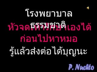 โรงพยาบาล
       ธรรมชาติ
หัวจดเท้ารักษาเองได้
    ก่อนไปหาหมอ
รู้แล้วส่งต่อได้บุญนะ
 