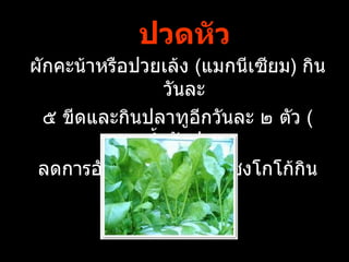 ปวดหัว
ผักคะน้าหรือปวยเล้ง (แมกนีเซียม) กิน
                  วันละ
  ๕ ขีดและกินปลาทูอีกวันละ ๒ ตัว (
              นำำามันปลา
 ลดการอักเสบได้) หรือจะชงโกโก้กิน
               หน่อยก็
 