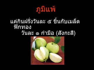 ภูมิแพ้
แค่กินฝรั่งวันละ ๕ ชิำนกับเมล็ด
 ฟักทอง
     วันละ ๑ กำามือ (สังกะสี)
 