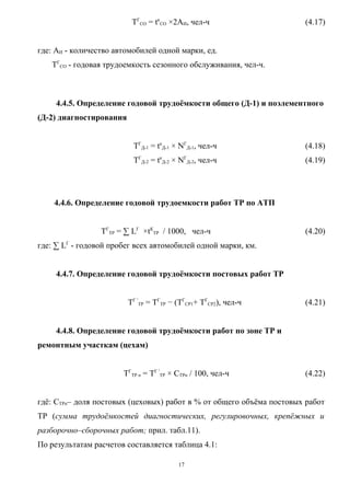 ТГСО = tкСО ×2АИ, чел-ч                     (4.17)


где: АИ - количество автомобилей одной марки, ед.
   ТГСО - годовая трудоемкость сезонного обслуживания, чел-ч.



     4.4.5. Определение годовой трудоёмкости общего (Д-1) и поэлементного
(Д-2) диагностирования


                          ТГД-1 = tкД-1 × NГД-1, чел-ч                (4.18)
                          ТГД-2 = tкД-2 × NГД-2, чел-ч                (4.19)




    4.4.6. Определение годовой трудоемкости работ ТР по АТП


                 ТГТР = ∑ LГ ×tКТР / 1000, чел-ч                      (4.20)
где: ∑ LГ - годовой пробег всех автомобилей одной марки, км.


     4.4.7. Определение годовой трудоёмкости постовых работ ТР


                         ТГ ′ТР = ТГТР − (ТГСР1+ ТГСР2), чел-ч        (4.21)


     4.4.8. Определение годовой трудоёмкости работ по зоне ТР и
ремонтным участкам (цехам)


                       ТГТР п = ТГ ′ТР × СТРп / 100, чел-ч            (4.22)


гдё: СТРп– доля постовых (цеховых) работ в % от общего объёма постовых работ
ТР (сумма трудоёмкостей диагностических, регулировочных, крепёжных и
разборочно–сборочных работ; прил. табл.11).
По результатам расчетов составляется таблица 4.1:

                                         17
 