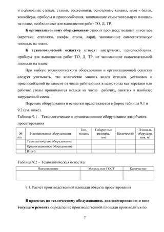 и переносные стенды, станки, подъемники, осмотровые канавы, кран - балки,
конвейеры, приборы и приспособления, занимающие самостоятельную площадь
на плане, необходимые для выполнения работ ТО, Д, ТР.
      К организационному оборудованию относят производственный инвентарь
(верстаки, стеллажи, шкафы, столы, лари), занимающие самостоятельную
площадь на плане.
      К технологической оснастке относят инструмент, приспособления,
приборы для выполнения работ ТО, Д, ТР, не занимающие самостоятельной
площади на плане.
      При выборе технологического оборудования и организационной оснастки
следует учитывать, что количество многих видов стендов, установок и
приспособлений не зависит от числа работающих в цехе, тогда как верстаки или
рабочие столы принимаются исходя из числа          рабочих, занятых в наиболее
загруженной смене.
      Перечень оборудования и оснастки представляется в форме таблицы 9.1 и
9.2 (см. ниже).
Таблица 9.1 - Технологическое и организационное оборудование для объекта
проектирования
                                      Тип,     Габаритные                   Площадь
 №      Наименование оборудования    модель     размеры,      Количество   оборудова
п/п                                                мм                        ния, м2
      Технологическое оборудование
      Организационное оборудование
      Итого:


Таблица 9.2 – Технологическая оснастка
            Наименование                    Модель или ГОСТ          Количество




      9.1. Расчет производственной площади объекта проектирования


      В проектах по техническому обслуживанию, диагностированию и зоне
текущего ремонта определение производственной площади производится по

                                       27
 