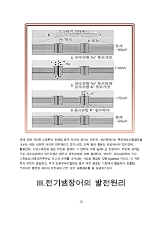 막에 의해 격리된 2 종류의 전해질 용액 사이에 생기는 전위차. 생리학에서는 특히세포의형질막을
나누는 세포 내외액 사이의 전위차라고 한다.신경, 근육 등의 흥분성 세포에서의 정지전위,
활동전위, 시냅스후전위 등은 막전위 존재와 그 변화에 의해 일어나는 현상이다. 막전위 크기는
주로 세포내외액의 이온조성과 이온의 막투과성에 의해 결정된다. 막전위, 세포내외액의 주요
이온농도,이온의막투과성 사이의 관계를 나타내는 식으로 중요한 것은 Goldman 식이다. 이 식은
막의 구조가 균일하고, 막내 전위구배의일정성 등의 극히 단순한 가정에서 출발하여 도출된
것이지만 흥분성 세포의 막전위에 관한 많은 실험결과를 잘 설명하고있다.




       Ⅲ.전기뱀장어의 발전원리

                          12
 