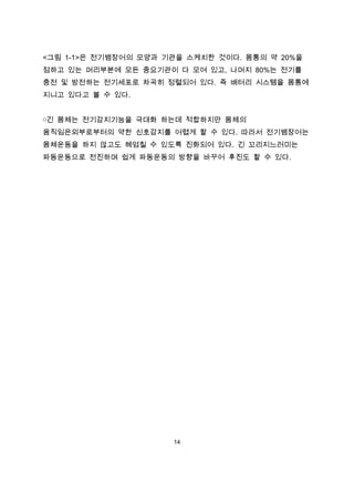 <그림 1-1>은 전기뱀장어의 모양과 기관을 스케치한 것이다. 몸통의 약 20%을
점하고 있는 머리부분에 모든 중요기관이 다 모여 있고, 나머지 80%는 전기를
충전 및 방전하는 전기세포로 차곡히 정렬되어 있다. 즉 배터리 시스템을 몸통에
지니고 있다고 볼 수 있다.


￮긴 몸체는 전기감지기능을 극대화 하는데 적합하지만 몸체의
움직임은외부로부터의 약한 신호감지를 어렵게 할 수 있다. 따라서 전기뱀장어는
몸체운동을 하지 않고도 헤엄칠 수 있도록 진화되어 있다. 긴 꼬리지느러미는
파동운동으로 전진하며 쉽게 파동운동의 방향을 바꾸어 후진도 할 수 있다.




                      14
 