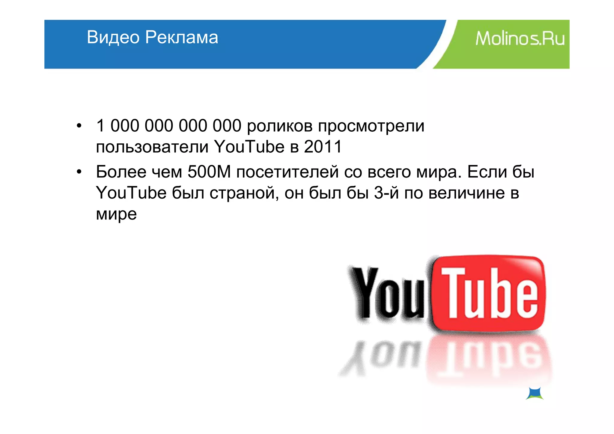 Видео Реклама



• 1 000 000 000 000 роликов просмотрели
  пользователи YouTube в 2011
• Более чем 500M посетителей со всего мира. Если бы
  YouTube был страной, он был бы 3-й по величине в
  мире
 