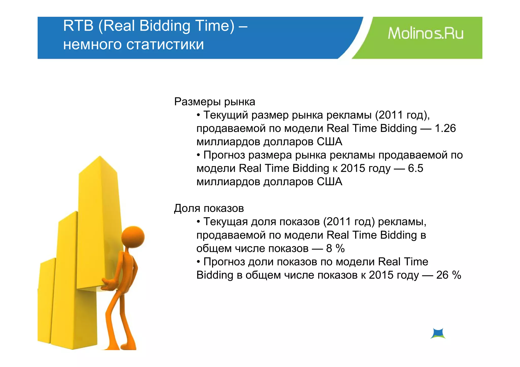 RTB (Real Bidding Time) –
немного статистики


               Размеры рынка
                  • Текущий размер рынка рекламы (2011 год),
                  продаваемой по модели Real Time Bidding — 1.26
                  миллиардов долларов США
                  • Прогноз размера рынка рекламы продаваемой по
                  модели Real Time Bidding к 2015 году — 6.5
                  миллиардов долларов США

               Доля показов
                  • Текущая доля показов (2011 год) рекламы,
                  продаваемой по модели Real Time Bidding в
                  общем числе показов — 8 %
                  • Прогноз доли показов по модели Real Time
                  Bidding в общем числе показов к 2015 году — 26 %
 