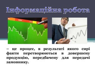 – це процес, в результаті якого сирі
факти перетворюються в довершену
продукцію, передбачену для передачі
замовнику.
 