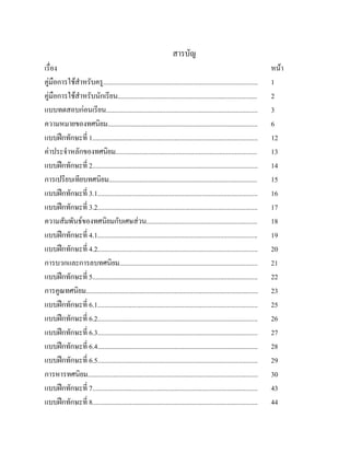 สารบัญ
เรื่อง                                                                                                              หนา
คูมือการใชสาหรับครู...........................................................................................
             ํ                                                                                                      1
คูมือการใชสาหรับนักเรียน..................................................................................
               ํ                                                                                                    2
แบบทดสอบกอนเรียน.........................................................................................          3
ความหมายของทศนิยม........................................................................................           6
แบบฝกทักษะที่ 1.................................................................................................   12
คาประจําหลักของทศนิยม...................................................................................           13
แบบฝกทักษะที่ 2.................................................................................................   14
การเปรียบเทียบทศนิยม.......................................................................................         15
แบบฝกทักษะที่ 3.1..............................................................................................    16
แบบฝกทักษะที่ 3.2..............................................................................................    17
ความสัมพันธของทศนิยมกับเศษสวน.................................................................                    18
แบบฝกทักษะที่ 4.1..............................................................................................    19
แบบฝกทักษะที่ 4.2..............................................................................................    20
การบวกและการลบทศนิยม.................................................................................               21
แบบฝกทักษะที่ 5.................................................................................................   22
การคูณทศนิยม.....................................................................................................   23
แบบฝกทักษะที่ 6.1..............................................................................................    25
แบบฝกทักษะที่ 6.2..............................................................................................    26
แบบฝกทักษะที่ 6.3..............................................................................................    27
แบบฝกทักษะที่ 6.4..............................................................................................    28
แบบฝกทักษะที่ 6.5..............................................................................................    29
การหารทศนิยม....................................................................................................    30
แบบฝกทักษะที่ 7.................................................................................................   43
แบบฝกทักษะที่ 8.................................................................................................   44
 
