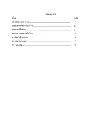 สารบัญ(ตอ)
เรื่อง                                                                                                               หนา
แบบทดสอบหลังเรียน.........................................................................................           49
เฉลยแบบทดสอบกอนเรียน.................................................................................               52
เฉลยแบบฝกทักษะ...............................................................................................       52
เฉลยแบบทดสอบหลังเรียน..................................................................................              55
การจัดอันดับคุณภาพ............................................................................................       56
แบบบันทึกคะแนน...............................................................................................        57
บรรณานุกรม........................................................................................................   58
 