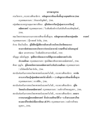 บรรณานุกรม
กรมวิชาการ , กระทรวงศึกษาธิการ . หลักสูตรการศึกษาขั้นพื้นฐานพุทธศักราช 2544
        กรุงเทพมหานคร : อักษรเจริญทัศน , 2544.
กลุมพัฒนามาตรฐานคุณภาพการศึกษา . คูมือจัดการเรียนรูกลุมสาระการเรียนรู
        คณิตศาสตร กรุงเทพมหานคร : โรงพิมพองคการรับสงสินคาและพัสดุภัณฑ ,
        2544.
คณะวิทยากรชมรมกรรมการสถานศึกษาขันพื้นฐาน. หลักสูตรสถานศึกษากลุมคณิต
                                         ้                                          ศาสตร
กรุงเทพมหานคร : บุค พอยท จํากัด, 2544.
คํารน ลอมในเมือง . คูมือฝกปฏิบัติการเสนทางกาวหนาทางวิชาชีพและแนว
        ทางการจัดทําผลงานทางวิชาการ ตําแหนงอาจารย 3 เกณฑใหม ฉบับสมบูรณ
        เลม 1 มหาสารคาม : โรงพิมพประสานการพิมพ , 2545.
ปริญญา ผลิเจริญสุข . ชุดฝกการคิดและการแกปญหาทางคณิตศาสตรระดับ
        ประถมศึกษา กรุงเทพมหานคร : ศูนยพัฒนาศักยภาพทางคณิตศาสตร , 2546.
ศักดา บุญโต . คูมือเทคนิคการสอนคณิตศาสตรระดับประถมศึกษา กรุงเทพมหานคร
        : บริษัทเคล็ดไทย จํากัด , 2544.
สถาบันสงเสริมการสอนวิทยาศาสตรและเทคโนโลยี , กระทรวงศึกษาธิการ . การจด          ั
        สาระการเรียนรูกลุมคณิตศาสตรชวงชั้นที่ 1 – 2 หลักสูตรการศึกษาขั้นพื้นฐาน
        กรุงเทพมหานคร : กราฟฟค , 2546.
สถาบันสงเสริมการสอนวิทยาศาสตรและเทคโนโลยี , กระทรวงศึกษาธิการ . คูมือ
        วัดผลประเมินผลคณิตศาสตร กรุงเทพมหานคร : องคการคาของคุรุสภา , 2546.
สถาบันสงเสริมการสอนวิทยาศาสตรและเทคโนโลยี , กระทรวงศึกษาธิการ . เอกสาร
        การอบรมครูผูสอนคณิตศาสตร ชั้นประถมศึกษาปที่ 4 – 6 ดวยระบบทางไกล
        ทางสถานีโทรทัศนเพื่อการศึกษา (ETV) กรุงเทพมหานคร : องคการคาของ
        คุรุสภา , 2550.
 