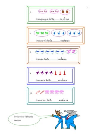 15

                    6.            
                            จํานวนลูกกุญแจ คิดเปน.............ของทั้งหมด




                    7.        
                            จํานวนแมวนั่ง คิดเปน.................ของทั้งหมด


                    8.         
                            จํานวนนก คิดเปน.................ของทั้งหมด



                    9.      
                            จํานวนจรวด คิดเปน...............ของทั้งหมด



                    10.     
                            จํานวนปากกา คิดเปน..............ของทั้งหมด




เด็กๆคิดออกแลวใชไหมครับ
เกงมากเลย
 