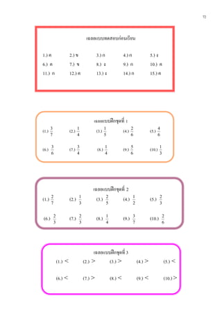 72



                                    เฉลยแบบทดสอบกอนเรียน

1.) ค                   2.) ข               3.) ก               4.) ก               5.) ง
6.) ค                   7.) ข               8.) ง               9.) ก               10.) ค
11.) ก                  12.) ค              13.) ง              14.) ก              15.) ค




                                        เฉลยแบบฝกชุดที่ 1
       3                       1                   1                   2                    4
(1.)                    (2.)                (3.)                (4.)                (5.)
       7                       4                   5                   6                    6

       3                       3                   1                   5                    1
(6.)                    (7.)                (8.)                (9.)                (10.)
       6                       4                   4                   6                    3




                                        เฉลยแบบฝกชุดที่ 2
(1.)   2
                        (2.)   1
                                          (3.) 2      (4.)             1
                                                                                    (5.)    2
       7                       3                   5                   2                    3


(6.)       2
                        (7.)   2
                                            (8.)   1
                                                                (9.)   3
                                                                                    (10.)       2
           3                   3                   4                   7                        6




                                         เฉลยแบบฝกชุดที่ 3
               (1.) <              (2.) >       (3.) >                     (4.) >               (5.) <

               (6.) <              (7.) >              (8.) <              (9.) <               (10.) >
 