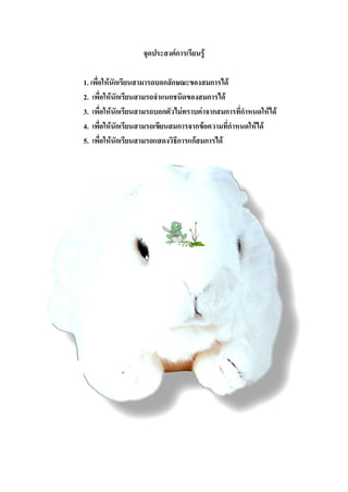 จุดประสงคการเรียนรู

1. เพื่อใหนักเรียนสามารถบอกลักษณะของสมการได
2. เพื่อใหนักเรยนสามรถจําแนกชนิดของสมการได
                 ี
3. เพื่อใหนักเรียนสามรถบอกตัวไมทราบคาจากสมการที่กําหนดใหได
4. เพื่อใหนักเรียนสามรถเขียนสมการจากขอความที่กําหนดใหได
5. เพื่อใหนักเรียนสามรถแสดงวิธีการแกสมการได
 