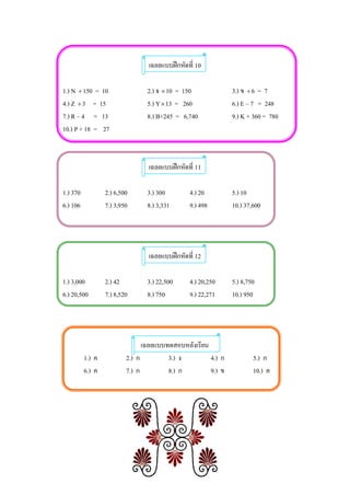 เฉลยแบบฝกหัดที่ 10

1.) N ÷ 150 = 10                 2.) จ × 10 = 150             3.) ข ÷ 6 = 7
4.) Z ÷ 3 = 15                   5.) Y × 13 = 260             6.) E – 7 = 248
7.) R – 4 = 13                   8.) B+245 = 6,740            9.) K + 360 = 780
10.) P + 18 = 27



                                 เฉลยแบบฝกหัดที่ 11

1.) 370           2.) 6,500      3.) 300       4.) 20         5.) 10
6.) 106           7.) 3,950      8.) 3,331     9.) 498        10.) 37,600




                                 เฉลยแบบฝกหัดที่ 12

1.) 3,000         2.) 42         3.) 22,500    4.) 20,250     5.) 8,750
6.) 20,500        7.) 8,520      8.) 750       9.) 22,271     10.) 950




                                เฉลยแบบทดสอบหลังเรียน
          1.) ค           2.) ก         3.) ง         4.) ก           5.) ก
          6.) ค           7.) ก         8.) ก         9.) ข           10.) ค
 