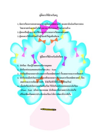 คูมือการใชสําหรับครู

1. จัดการเรียนการสอนตามแนวทางคูมือครูคณิตศาสตร ของสถาบันสงเสริมการสอน
   วิทยาศาสตรและเทคโนโลยี (สสวท.) ที่เสนอแนะไวอยางครบถวน
2. ผูสอนเปนผูแนะนําการใชเอกสารประกอบการเรียนตามขั้นตอน
3. ผูสอนควรใหกําลังใจแมวาผูเรียนทําไมถูกตองก็ตาม




                         คูมือการใชสําหรับนักเรียน

1.  นักเรียน เรียนรูดวยตนเองเปนรายบุคคล
2.  นักเรียนทําแบบทดสอบกอนเรียน (Pre – Test)
3.  นักเรียนศึกษาเอกสารประกอบการเรียนคณิตศาสตร เรื่องสมการและการแกสมการ
4.  นักเรียนลงมือทํากิจกรรมหลังจากศึกษาเอกสารประกอบการเรียนคณิตศาสตร เรื่อง
     สมการและการแกสมาการแลว ถายังไมเขาใจใหกลับไปศึกษาใหม
6.) เมื่อนักเรียนทํากิจกรรมเสร็จเรียบรอย ใหนักเรียนทําแบบทดสอบหลังเรียน
     (Prost – Test) แลวตรวจจากเฉลย บันทึกผล เพื่อนําผลการประเมินไป
    เปรียบเทียบกับผลการประเมินกอนเรียนวามีการพัฒนาถึงระดับใด
 