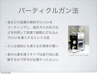 パーティクルガン法
    •   金などの金属の微粒子にDNAを
        コーティングし、高圧ガスの圧力な
        どを利用して高速で細胞に打ち込ん
        でDNAを導入するという力技

    •   どんな資料にも使えるが高率が悪い

    •   昔の火薬を使うタイプは銃刀法に抵   wikipedia: パーティクル・ガン法


        触するので許可が必要だったらしい


12年4月22日日曜日
 