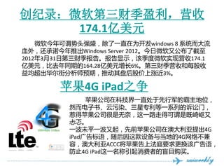 ¼΢ƼӯӪ
     174.1Ԫ
    ΢νͷǿʢһֱΪwindows 8 ϵͳ
Ѫ⣬ŵƳWindows Server 2012΢ֹ˽
2012331յƼ档ʾü΢ʵӪ174.1
Ԫȥͬڵ164.28Ԫ6%ƼӪպÿ
ַʦԤڣƶ̺ɼǽ3%

        ƻ4G iPad֮
               ƻ˾ڿƼһֱоİλ
          Ȼ顢Ⱦרһϵеţ
          ǵƻ˾Σһ·ߵÿνǼ
          
          һδƽһǰƻ˾ڰĴ4G
          iPad豸뵱ص4G粻
          ݣĴACCCƻϷͥҪù
          ֹ4G iPadһߵäĿ
 