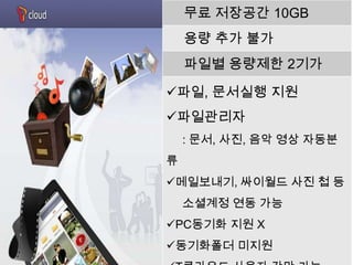 무료 저장공간 10GB
    용량 추가 불가
    파일별 용량제한 2기가

파일, 문서실행 지원
파일관리자
    : 문서, 사진, 음악 영상 자동분
류
메일보내기, 싸이월드 사진 첩 등
    소셜계정 연동 가능
PC동기화 지원 X
동기화폴더 미지원
 
