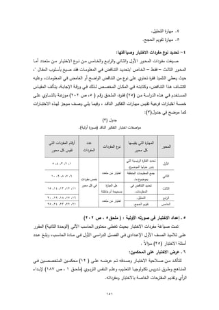 ‫٤. ﻣﻬﺎ ة اﻟﺗﺣﻠﯾل.‬
                                                                                                 ‫ر‬
                                                                                 ‫٥. ﻣﻬﺎ ة ﺗﻘوﯾم اﻟﺣﺟﺞ.‬
                                                                                              ‫ر‬

                                                            ‫٤- ﺗﺣدﯾد ع ﻣﻔردات اﻻﺧﺗﺑﺎر وﺻﯾﺎﻏﺗﻬﺎ:‬
                                                                                      ‫ﻧو‬
‫ﺻــﯾﻐت ﻣﻔــردات اﻟﻣﺣــور اﻷول واﻟﺛ ــﺎﻧﻲ واﻟراﺑــﻊ واﻟﺧ ــﺎﻣس ﻣــن ﻧ ـ ع اﻻﺧﺗﯾــﺎر ﻣ ــن ﻣﺗﻌــدد أﻣ ــﺎ‬
                                ‫ـو‬
‫اﻟﻣﺣــور اﻟﺛﺎﻟــث – ﻓﻘــط – اﻟﺧــﺎص "ﺑﺗﺣدﯾــد اﻟﺗﻧــﺎﻗض ﻓــﻲ اﻟﻣﻌﻠوﻣــﺎت ﻓﻘــد ﺻــﯾﻎ ﺑﺄﺳــﻠوب اﻟﻣﻘــﺎل "،‬
‫ﺣﯾث ﯾﻌطﻲ اﻟﺗﻠﻣﯾذ ﻓﻘ ة ﺗﺣﺗوي ﻋﻠﻰ ع ﻣن اﻟﺗﻧﺎﻗض اﻟواﺿﺢ أو اﻟﻐﺎﻣض ﻓـﻲ اﻟﻣﻌﻠوﻣـﺎت، وﻋﻠﯾـﻪ‬
                                                    ‫ﻧو‬         ‫ر‬
‫اﻛﺗﺷــﺎف ﻫــذا اﻟﺗﻧــﺎﻗض، وﻛﺗﺎﺑﺗــﻪ ﻓــﻲ اﻟﻣﻛــﺎن اﻟﻣﺧﺻــص ﻟــذﻟك ﻓــﻲ ورﻗــﺔ اﻹﺟﺎﺑــﺔ، ﯾﺗــﺄﻟف اﻟﻣﻘﯾــﺎس‬
‫اﻟﻣﺳــﺗﺧدم ﻓــﻲ ﻫــذﻩ اﻟدراﺳــﺔ ﻣــن )٥٢( ﻓﻘ ـ ة، اﻟﻣﻠﺣــق رﻗــم ) ٥، ص ٢٠٢( ﻋــﺔ ﺑﺎﻟﺗﺳــﺎوي ﻋﻠــﻰ‬
                     ‫ﻣوز‬                          ‫ر‬
‫ﺧﻣﺳــﺔ ا ﺗﺑــﺎرات ﻋﯾــﺔ ﺗﻘــﯾس ﻣﻬــﺎرات اﻟﺗﻔﻛﯾــر اﻟﻧﺎﻗــد ، وﻓﯾﻣــﺎ ﯾﻠــﻲ وﺻــف ﻣــوﺟز ﻟﻬــذﻩ اﻻﺧﺗﺑــﺎرات‬
                                                                                        ‫ﻓر‬      ‫ﺧ‬
                                                                                   ‫ﻛﻣﺎ ﻣوﺿﺢ ﻓﻲ ﺟدول)٣(:‬
                                                 ‫ﺟدول )٣(‬
                                 ‫ﻣواﺻﻔﺎت اﺧﺗﺑﺎر اﻟﺗﻔﻛﯾر اﻟﻧﺎﻗد )ﺻو ة أوﻟﯾﺔ(.‬
                                         ‫ر‬


           ‫أرﻗﺎم اﻟﻣﻔردات اﻟﺗﻲ‬        ‫ﻋدد‬                           ‫اﻟﻣﻬﺎ ة اﻟﺗﻲ ﯾﻘﯾﺳﻬﺎ‬
                                                                                ‫ر‬
                                                 ‫ع اﻟﻣﻔردات‬‫ﻧو‬                                   ‫اﻟﻣﺣور‬
            ‫ﺗﻘﯾس ﻛل ﻣﺣور‬            ‫اﻟﻣﻔردات‬                              ‫ﻛل ﻣﺣور‬

                                                                   ‫ﺗﺣدﯾد اﻟﻔﻛ ة اﻟرﺋﯾﺳﯾﺔ اﻟﺗﻲ‬
                                                                                 ‫ر‬
             ‫١، ٢، ٣، ٤، ٥‬                                                                       ‫اﻷول‬
                                                                    ‫ع.‬‫ﯾدور ﺣوﻟﻬﺎ اﻟﻣوﺿو‬
                                                 ‫اﺧﺗﯾﺎر ﻣن ﻣﺗﻌدد‬   ‫ﺟﻣﻊ اﻟﻣﻌﻠوﻣﺎت اﻟﻣﺗﻌﻠﻘﺔ‬
            ‫٦، ٧، ٨، ٩، ٠١‬                                                                      ‫اﻟﺛﺎﻧﻲ‬
                                  ‫ﺧﻣس ﻣﻔردات‬                             ‫ع ﻣﺎ.‬‫ﺑﻣوﺿو‬
                                  ‫ﻓﻲ ﻛل ﻣﺣور‬        ‫ﻫل اﻟﻌﺑﺎ ة‬
                                                    ‫ر‬                 ‫ﺗﺣدﯾد اﻟﺗﻧﺎﻗض ﻓﻲ‬
          ‫١١، ٢١، ٣١، ٤١، ٥١‬                                                                    ‫اﻟﺛﺎﻟث‬
                                                ‫ﺻﺣﯾﺣﺔ أم ﺧﺎطﺋﺔ‬            ‫اﻟﻣﻌﻠوﻣﺎت.‬
          ‫٦١، ٧١، ٨١، ٩١، ٠٢‬                                               ‫اﻟﺗﺣﻠﯾل.‬              ‫اﻟراﺑﻊ‬
                                                 ‫اﺧﺗﯾﺎر ﻣن ﻣﺗﻌدد‬
          ‫١٢، ٢٢، ٣٢، ٤٢، ٥٢‬                                             ‫ﺗﻘوﯾم اﻟﺣﺟﺞ.‬           ‫اﻟﺧﺎﻣس‬


                                    ‫٥ ـ إﻋداد اﻻﺧﺗﺑﺎر ﻓﻲ ﺻورﺗﻪ اﻷوﻟﯾﺔ : ) ﻣﻠﺣق٥ ، ص ٢٠٢(‬
‫ﺗﻣـت ﺻـﯾﺎﻏﺔ ﻣﻔـردات اﻻﺧﺗﺑـﺎر ﺑﺣﯾـث ﺗﻐطــﻲ ﻣﺣﺗـوى اﻟﺣﺎﺳـب اﻵﻟـﻲ )اﻟوﺣـدة اﻟﺛﺎﻧﯾـﺔ( اﻟﻣﻘــرر‬
‫ﻋﻠــﻰ ﺗﻼﻣﯾــذ اﻟﺻ ــف اﻷول اﻹﻋ ــدادي ﻓ ــﻲ اﻟﻔﺻ ــل اﻟدراﺳــﻲ اﻷول ﻓ ــﻲ ﻣ ــﺎدة اﻟﺣﺎﺳ ــب، وﺑﻠ ــﻎ ﻋ ــدد‬
                                                                               ‫أﺳﺋﻠﺔ اﻻﺧﺗﺑﺎر )٥٢( ﺳؤ ً .‬
                                                                                 ‫اﻻ‬
                                                                     ‫٦ ـ ﻋرض اﻻﺧﺗﺑﺎر ﻋﻠﻰ اﻟﻣﺣﻛﻣﯾن:‬
‫ﻟﻠﺗﺄﻛ ــد ﻣ ــن ﺻ ــﻼﺣﯾﺔ اﻻﺧﺗﺑ ــﺎر وﺻ ــدﻗﻪ ﺗ ــم ﻋرﺿ ــﻪ ﻋﻠ ــﻰ ) ٢١( ﻣﺣﻛﻣ ــﯾن اﻟﻣﺗﺧﺻﺻ ــﯾن ﻓ ــﻲ‬
‫اﻟﻣﻧ ــﺎﻫﺞ وط ــرق ﺗ ــدرﯾس ﺗﻛﻧوﻟوﺟﯾ ــﺎ اﻟﺗﻌﻠ ــﯾم، وﻋﻠ ــم اﻟ ــﻧﻔس اﻟﺗرﺑ ــوي )ﻣﻠﺣ ــق ١ ، ص ٧٨١( ﻹﺑ ــداء‬
                                                   ‫اﻟرأي وﺗﻘدﯾم اﻟﻣﻘﺗرﺣﺎت اﻟﺧﺎﺻﺔ ﺑﺎﻻﺧﺗﺑﺎر وﻣﻔرداﺗﻪ.‬


                                                    ‫١٥١‬
 