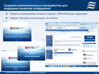 Создание дополнительных инструментов для
поддержки развития сотрудников
       Раздел на корпоративном интранет-портале «ПЕРСОНАльная территория»
       Рубрика «Экспресс-консультация» на портале




 Коммуникационные инструменты для поддержки развития сотрудников
                                                                            13
 
