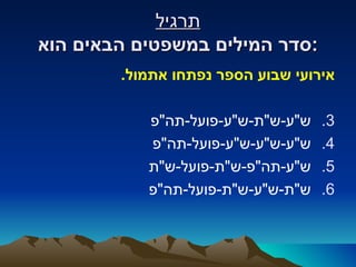 ‫תרגיל‬
‫:סדר המילים במשפטים הבאים הוא‬
        ‫אירועי שבוע הספר נפתחו אתמול.‬

           ‫ש"ע-ש"ת-ש"ע-פועל-תה"פ‬   ‫3.‬
           ‫ש"ע-ש"ע-ש"ע-פועל-תה"פ‬   ‫4.‬
           ‫ש"ע-תה"פ-ש"ת-פועל-ש"ת‬   ‫5.‬
           ‫ש"ת-ש"ע-ש"ת-פועל-תה"פ‬   ‫6.‬
 