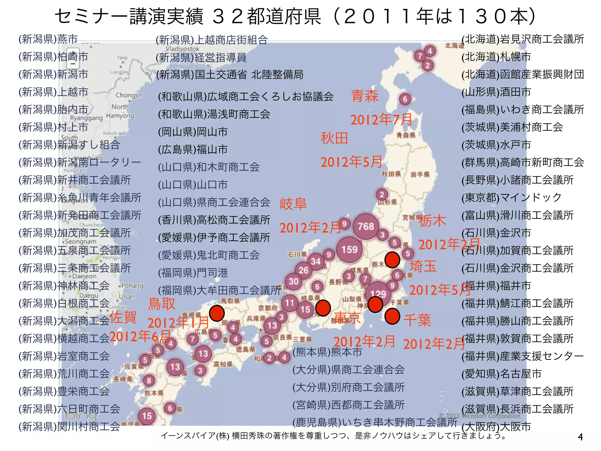 セミナー講演実績 ３２都道府県（２０１１年は１３０本）
(新潟県)燕市         (新潟県)上越商店街組合                            (北海道)岩見沢商工会議所
(新潟県)柏崎市        (新潟県)経営指導員                              (北海道)札幌市
(新潟県)新潟市        (新潟県)国土交通省 北陸整備局                        (北海道)函館産業振興財団
(新潟県)上越市                                                (山形県)酒田市
                (和歌山県)広域商工会くろしお協議会       青森
(新潟県)胎内市        (和歌山県)湯浅町商工会                            (福島県)いわき商工会議所
(新潟県)村上市
                                         2012年7月        (   城県)美浦村商工会
                (岡山県)岡山市
(新潟県)新潟すし組合                         秋田                  (   城県)水戸市
                (広島県)福山市
(新潟県)新潟南ロータリー   (山口県)和木町商工会         2012年5月             (群馬県)高崎市新町商工会
(新潟県)新井商工会議所    (山口県)山口市                                (長野県)小諸商工会議所
(新潟県)糸魚川青年会議所   (山口県)県商工会連合会                            (東京都)マインドック
                               岐阜
(新潟県)新発田商工会議所                                           (富山県)滑川商工会議所
                (香川県)高松商工会議所
                               2012年2月             栃木
(新潟県)加茂商工会議所    (愛媛県)伊予商工会議所                            (石川県)金沢市
(新潟県)五泉商工会議所                                       2012年2月
                                                        (石川県)加賀商工会議所
                (愛媛県)鬼北町商工会
(新潟県)三条商工会議所    (福岡県)門司港                        埼玉      (石川県)金沢商工会議所
(新潟県)神林商工会                                            (福井県)福井市
                (福岡県)大牟田商工会議所                   2012年5月
(新潟県)白根商工会     鳥取                                       (福井県)   江商工会議所
(新潟県)大潟商工会佐賀 2012年1月                  東京       千葉       (福井県)勝山商工会議所
(新潟県)横越商工会2012年6月                    2012年2月 2012年2月(福井県)敦賀商工会議所
(新潟県)岩室商工会                      (熊本県)熊本市                (福井県)産業支援センター
(新潟県)荒川商工会                      (大分県)県商工会連合会            (愛知県)名古屋市
(新潟県)豊栄商工会                      (大分県)別府商工会議所            (滋賀県)草津商工会議所
(新潟県)六日町商工会                     (宮崎県)西都商工会議所            (滋賀県)長浜商工会議所
(新潟県)関川村商工会                     (鹿児島県)いちき串木野商工会議所 (大阪府)大阪市
                イーンスパイア(株) 横田秀珠の著作権を尊重しつつ、是非ノウハウはシェアして行きましょう。            4
 