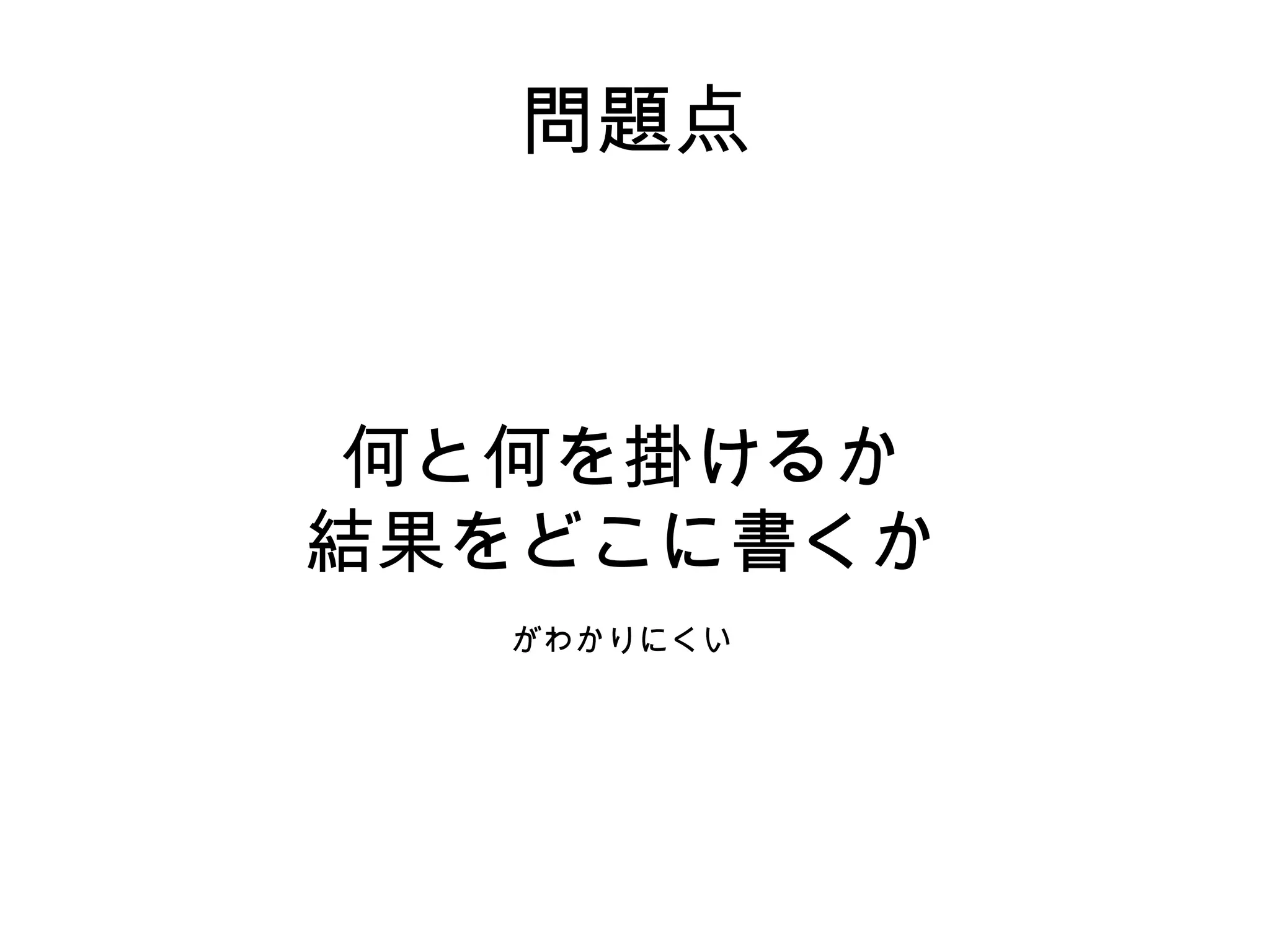 問題点



 何と何を掛けるか
結果をどこに書くか
  がわかりにくい
 
