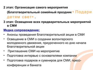 2 этап: Организация самого мероприятия
  (Благотворительный семейный праздник «   Подари
  детям свет »    .
3 этап: Освещение всех предварительных мероприятий
   в СМИ
Медиа сопровождение:
• Анонсы проведения благотворительной акции в СМИ
• Освещение в СМИ о создании волонтерского
   молодежного движения, приуроченного ко дню начала
   благотворительной акции
• Приглашение СМИ на мероприятие
• Подготовка интервью с основателями компании
• Подготовка подарков и сувениров для СМИ, пресс-
  конференции и банкета
 