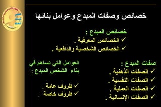 ‫خصائص وصفات المبدع وعوامل بنائها‬
                        ‫خصائص المبدع :‬
                   ‫‪ ‬الخصائص المعرفية .‬
         ‫‪ ‬الخصائص الشخصية والدافعية .‬
‫العوامل التي تساهم في‬                 ‫صفات المبدع :‬
 ‫بناء الشخص المبدع :‬             ‫‪ ‬الصفات الذهنية .‬
                                ‫‪ ‬الصفات النفسية .‬
     ‫‪ ‬ظروف عامة .‬               ‫‪ ‬الصفات العملية .‬
   ‫‪ ‬ظروف خاصة .‬
                              ‫‪ ‬الصفات النسانية .‬
 