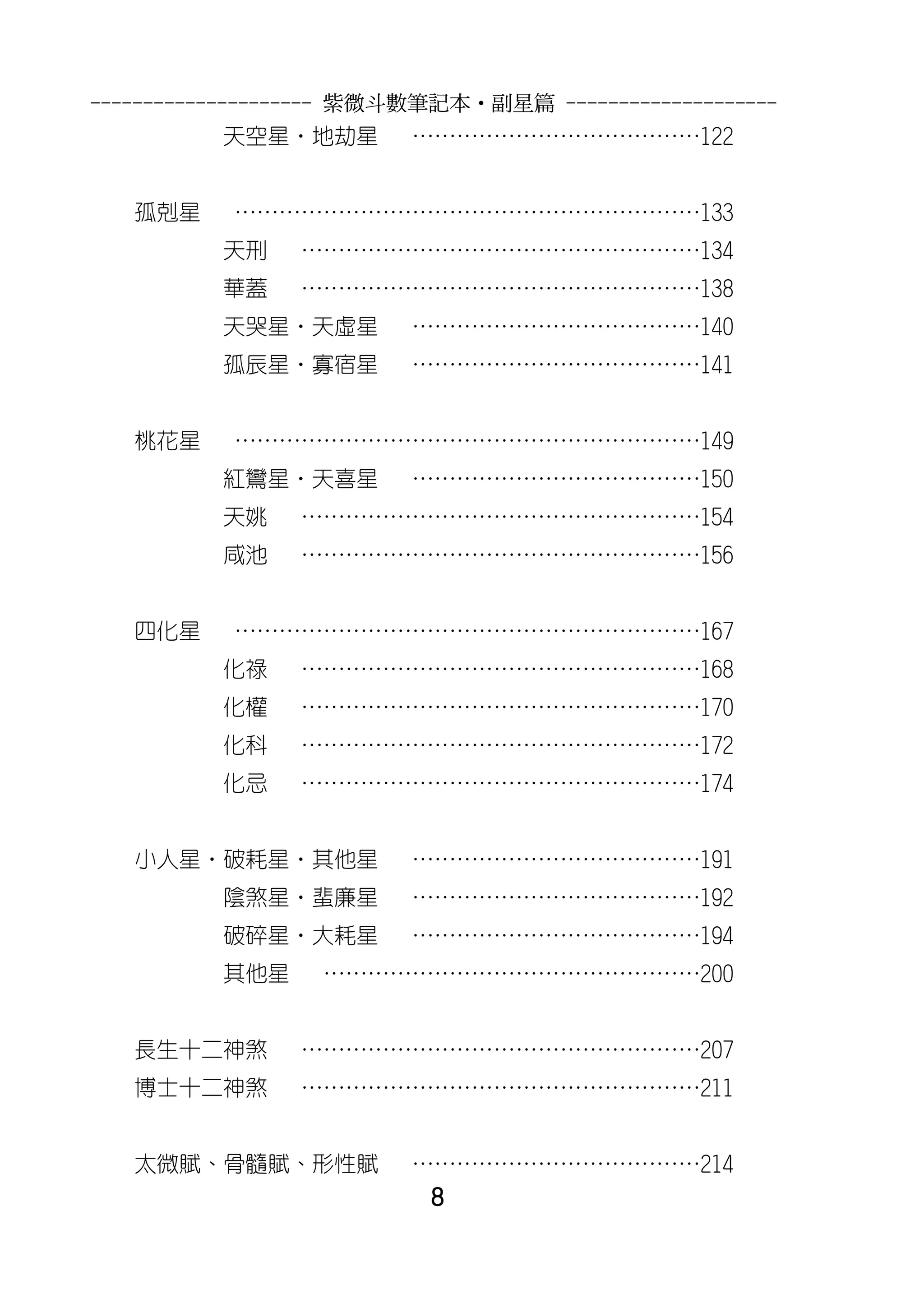 --------------------- 紫微斗數筆記本•副星篇 --------------------
          天空星‧地劫星        …………………………………122


   孤剋星     ………………………………………………………133
          天刑    ………………………………………………134
          華蓋    ………………………………………………138
          天哭星‧天虛星        …………………………………140
          孤辰星‧寡宿星        …………………………………141


   桃花星     ………………………………………………………149
          紅鸞星‧天喜星        …………………………………150
          天姚    ………………………………………………154
          咸池    ………………………………………………156


   四化星     ………………………………………………………167
          化祿    ………………………………………………168
          化權    ………………………………………………170
          化科    ………………………………………………172
          化忌    ………………………………………………174


   小人星‧破耗星‧其他星           …………………………………191
          陰煞星‧蜚廉星        …………………………………192
          破碎星‧大耗星        …………………………………194
          其他星     ……………………………………………200


   長生十二神煞       ………………………………………………207
   博士十二神煞       ………………………………………………211


   太微賦、骨髓賦、形性賦           …………………………………214
                          8
 