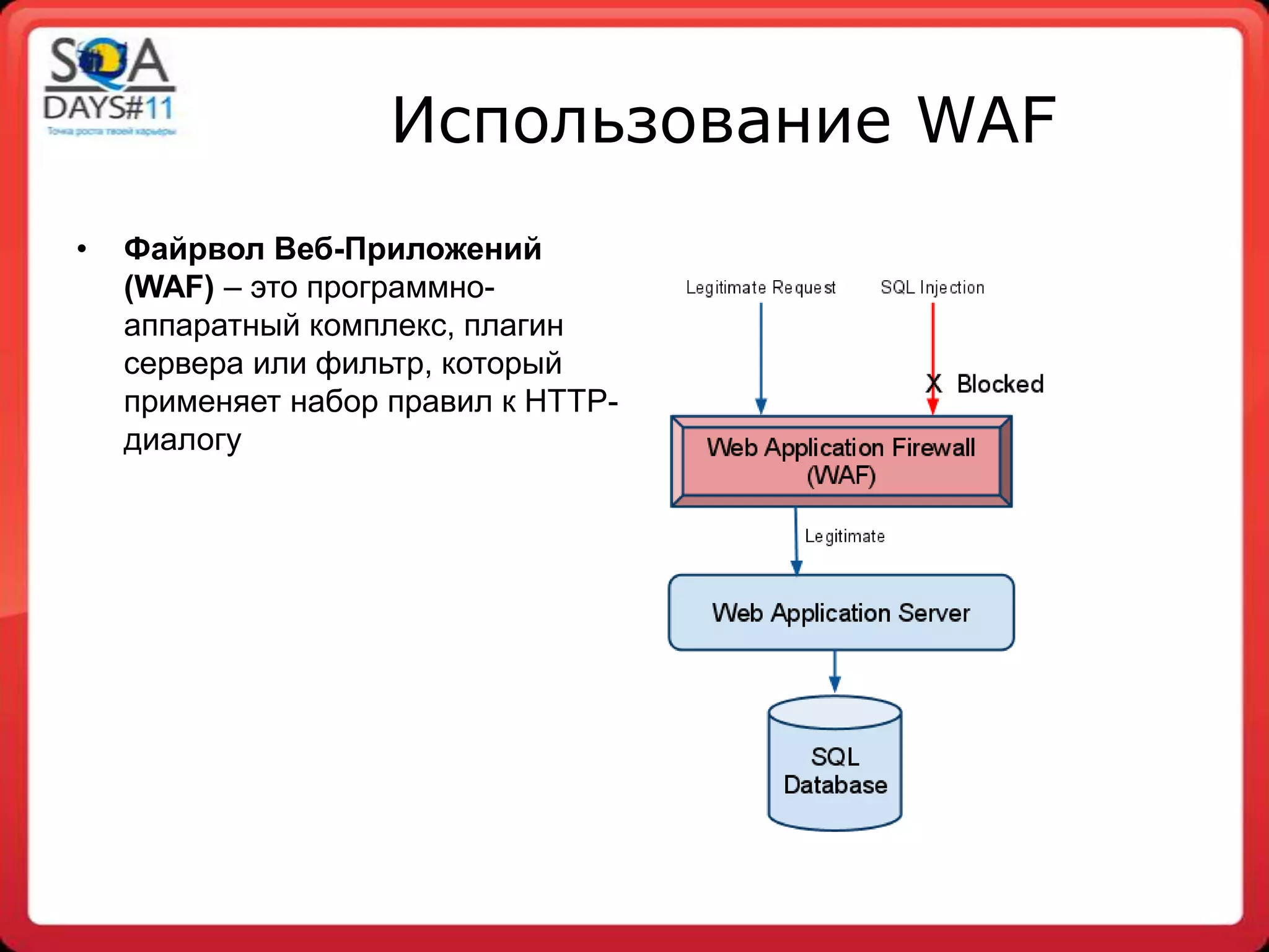 Использование WAF
•   Файрвол Веб-Приложений
    (WAF) – это программно-
    аппаратный комплекс, плагин
    сервера или фильтр, который
    применяет набор правил к HTTP-
    диалогу
 