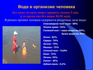 Вода в организме человека
     Без воды человек может прожить только 3 дня,
           в то время как без пищи 30-50 дней.
В разных органах человека содержатся различные доли воды:
                          Стекловидное тело глаза - 99%
                          Плазма крови - 92%
                          Головной мозг – серое вещество 83%,
                                         белое вещество 70%;
                          Почки - 82%
                          Сердце - 79%
                          Легкие - 79%
                          Мышцы - 75%
                          Спинной мозг - 74,8%
                          Кожа - 72%
                          Печень -70%
                          Скелет - 46%
                          Зубная эмаль - 0,2%
 